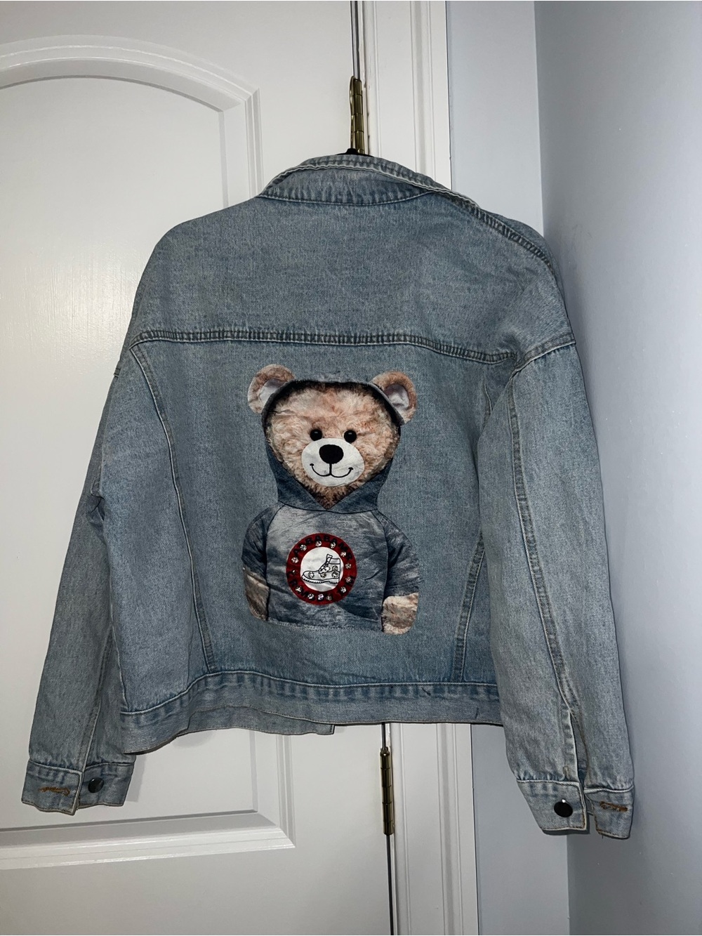 Vintage Light Wash Denim Jacket with Teddy Bear Graphic and rhinestones